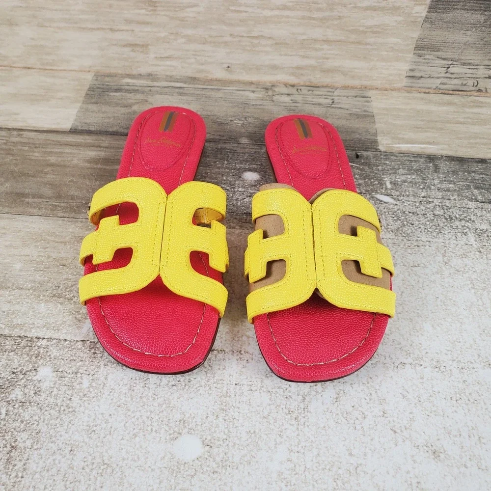 Sam Edelman Bay Kid Slide Sandal Sz 1 M Yellow Red Leather Slip On Open Toe Flat